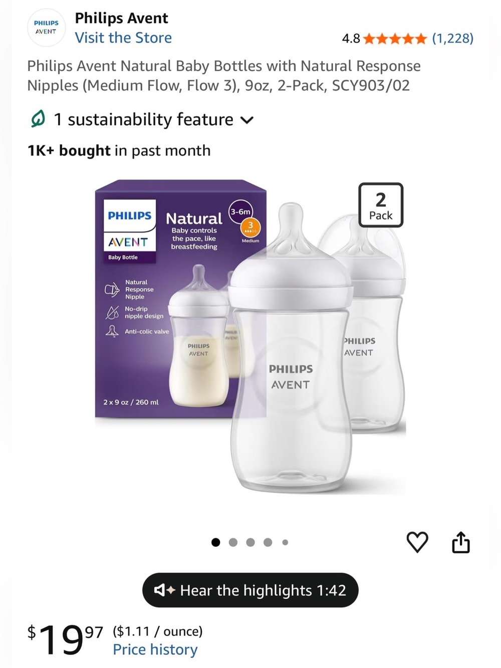 Philips Avent Natural Baby Bottle 2-Pack - 3-6m size 3 flow